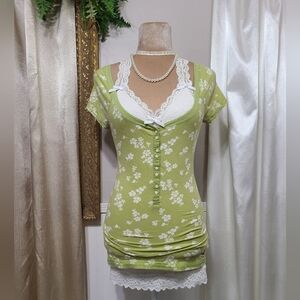 ♡ Y2K ♡ Hollister Green Floral Button-Down Babydoll Henley Top Size Large